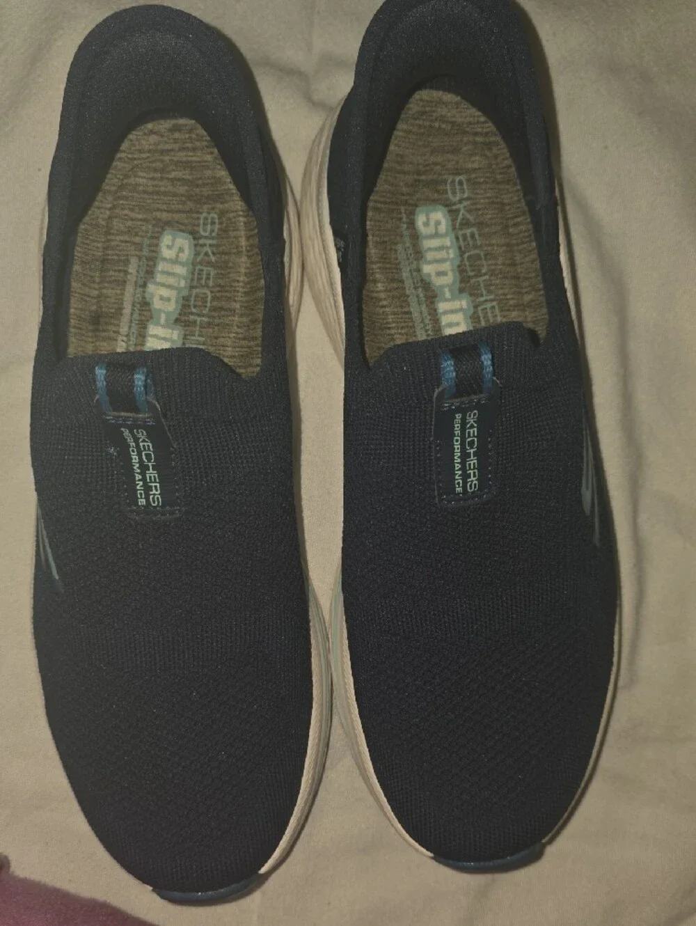Skechers Slip-On Max Cushion Walking Sneakers in Navy and Light Blue